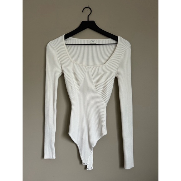 Abercrombie & Fitch Tops - ABERCROMBIE & FITCH White Ribbed Knit Long-Sleeve Bodysuit